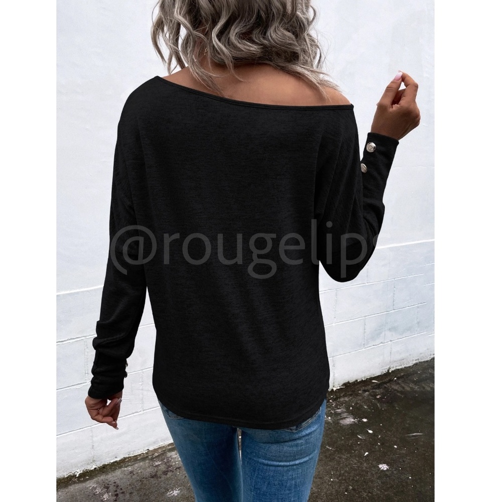 Black One Cold Shoulder Asymmetric Boat Neck Long Sleeve Tee Shirt - Picture 4 of 9